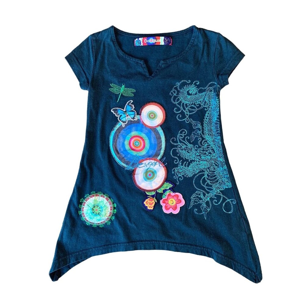 DESIGUAL Dragon T-Shirt Top Girls 3-4 3T 4T Asymmetric Tunic Embroidered Tee